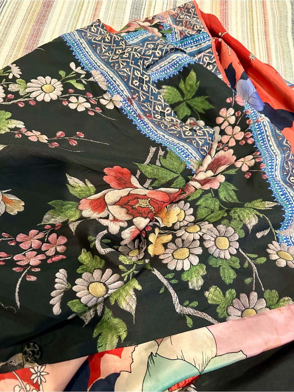 Johnny Was Black Reversible Floral Embroidered Kimono with Red Lining - Picture 5 of 8